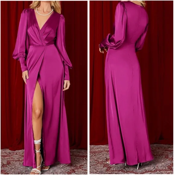 Luxe Satin Split Thigh Party Wedding Formal Maxi Dress - Picture 8 of 8